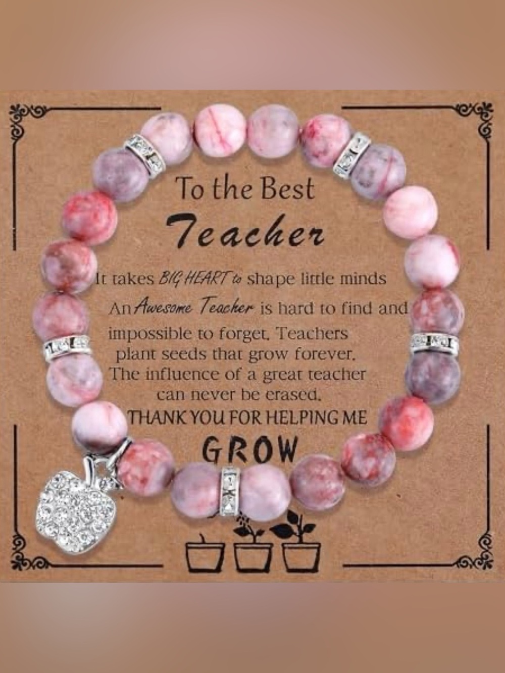 New With Tags Teacher Appreciation Gift Pink Natural Stone Beaded Bracelet